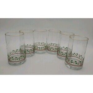 Set 6 Arby’s Holly Berry Christmas Tumbler Swirl Glasses 16 oz Gold Rim Vintage